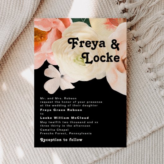 はっきりしたカラフルフローラ |黒伝統的結婚の 招待状