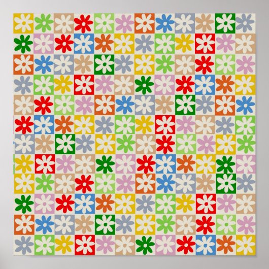 はっきりしたカラフル市松模様にY2K型の花 ポスター (正面)