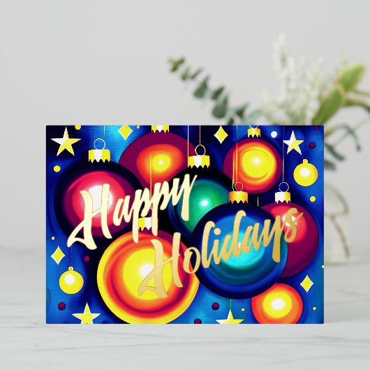 はっきりしたカラフル色彩の鮮やかオーナメントレトロ 箔シーズンカード (立ち正面)