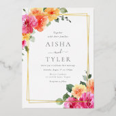 はっきりしたカラフル花結婚金ゴールド 箔招待状 (正面)