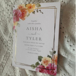 はっきりしたカラフル花結婚金ゴールド 箔招待状