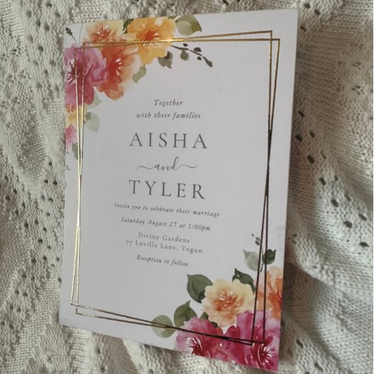 はっきりしたカラフル花結婚金ゴールド 箔招待状