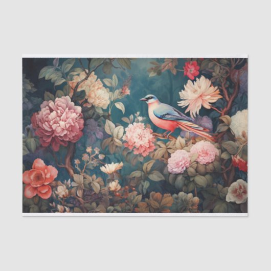 はっきりしたカラフル・トワール・ド・ジュイの鳥と花模様 薄葉紙 (正面)