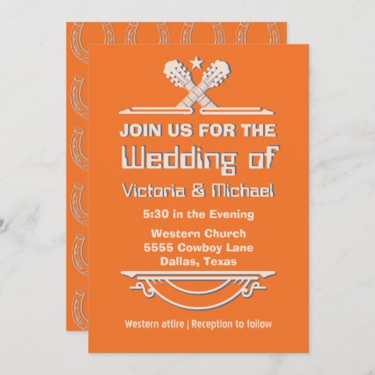 はっきりしたカラフルCowboy Western Guitar結婚の 招待状 (正面/裏面)