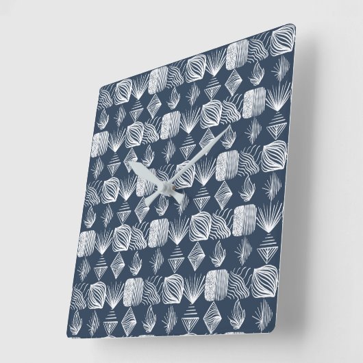 はっきりしたカリブのTribal Mudcloth:ネイビーブルー&ホワイト、 スクエア壁時計 (傾斜)