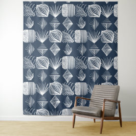 はっきりしたカリブのTribal Mudcloth：ネイビーブルー&ホワイト、 タペストリー