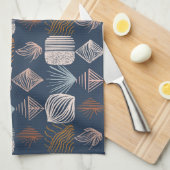 はっきりしたカリブのTribal Mudcloth：ネイビーブルー、ボホ キッチンタオル (四つ折り)