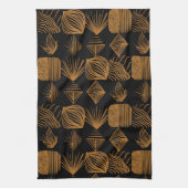 はっきりしたカリブのTribal Mudcloth:ブラック、金ゴールド キッチンタオル (縦)