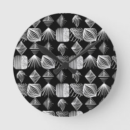 はっきりしたカリブのTribal Mudcloth – 白黒 ラウンド壁時計