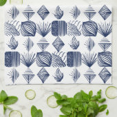 はっきりしたカリブのTribal Mudcloth:白、ネイビーブルー キッチンタオル (折り畳み)