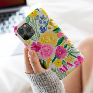はっきりしたガーリーピンク黄色フローラ水彩モノグラム iPhone 11 PRO MAXケース