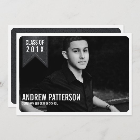 はっきりしたクラシックバナー卒業写真のお知らせ 招待状 (正面/裏面)