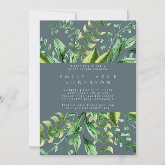 はっきりしたグリーナリースチールブルーブライダルシャワーモダン 招待状 (正面)