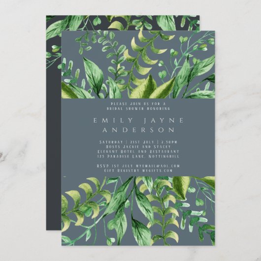 はっきりしたグリーナリースチールブルーブライダルシャワーモダン 招待状 (正面/裏面)