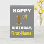 はっきりしたグレイ、フェイク金ゴールド1歳の誕生日(名刺あり) カード (黄色い花)