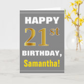 はっきりしたグレイ、フェイク金ゴールド21歳の誕生日(名刺付き) カード (黄色い花)