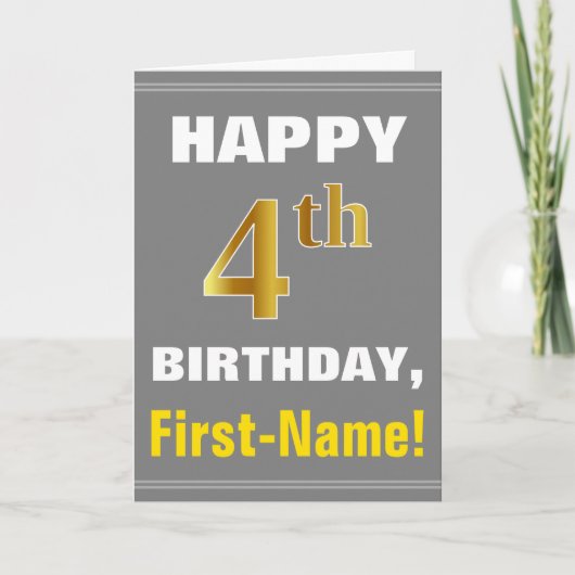 はっきりしたグレイ、フェイク金ゴールド4歳の誕生日カード付き カード (正面)