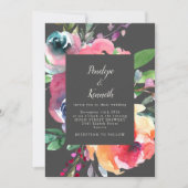 はっきりしたグレーの水色のフローラエレガントスクリプ結婚ト 招待状 (正面)