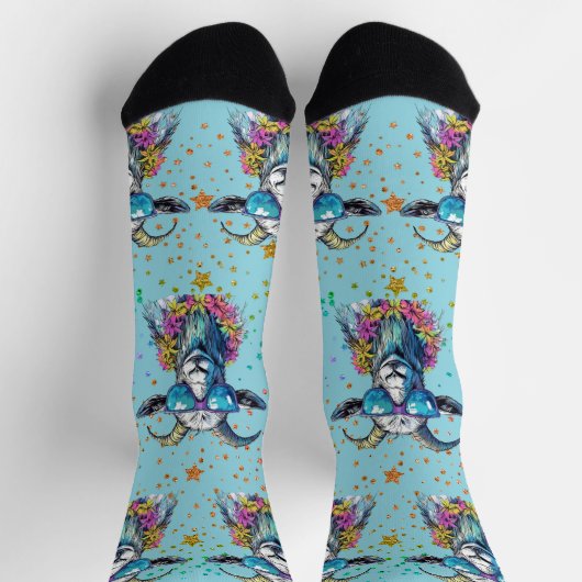 はっきりしたサングラスデザインの明るいヤギ ソックス (上部)