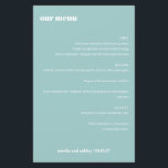 はっきりしたシンプルアクアブルーシンプルカスタムウェディングメニュー<br><div class="desc">エレガントなウェディングダイニング体験のトーンをスタイリッシュこのメニュ結婚ーカードで設定。洗練されたソフトアクアブルーの背景とクリーンなホワイトタイポグラフィを備えたカスタマイズ可能なメニューは、カップルの名前と日付を結婚ハイライトする。披露宴、リハーサルのディナー、ブライダルシャワーに最適なミニマルなデザインモダンで、テーブルの設定に洗練されたtouchを加え、美味しい食事を楽しむことができる。</div>