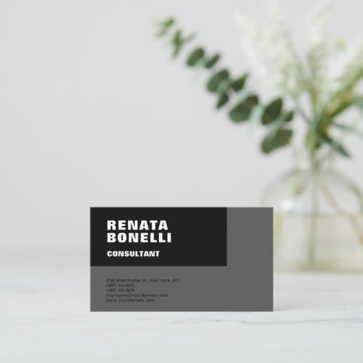 はっきりしたシンプルグレー黒ミニマモダンリスト 名刺 (スタンド正面)