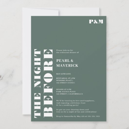 はっきりしたシンプルセージ結婚グリーンのリハーサル 招待状 (正面)