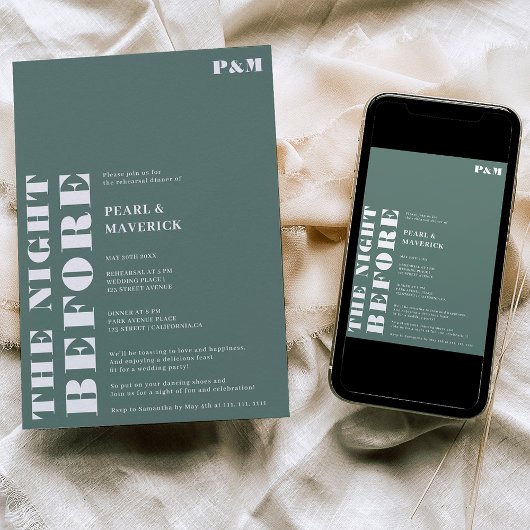 はっきりしたシンプルセージ結婚グリーンのリハーサル 招待状