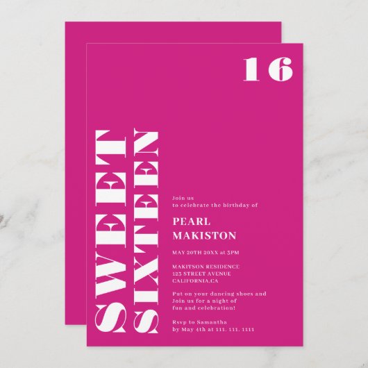 はっきりしたシンプルネオンピンク甘い16誕生日 招待状 (正面/裏面)