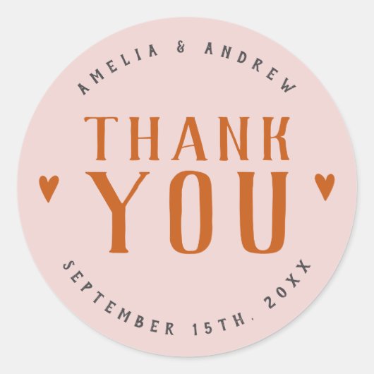 はっきりしたシンプルハートコーラルピンク結婚式の引き出物 ラウンドシール (正面)