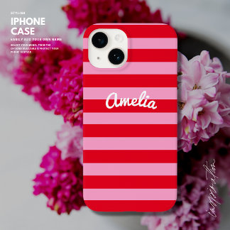 はっきりしたシンプルレトロストライプレッドとピンクパーソナライズされた色 Case-Mate iPhone 14ケース