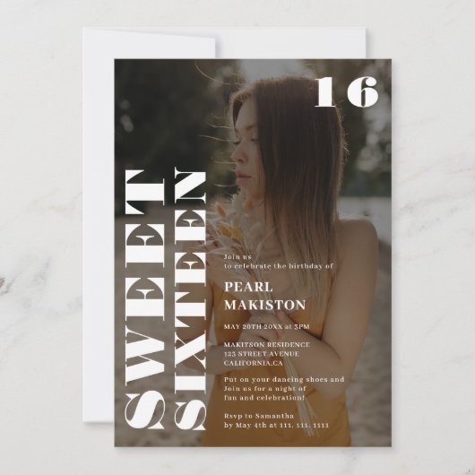 はっきりしたシンプル白い写真甘い16歳の誕生日 招待状 (正面)