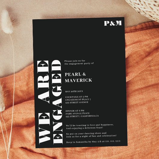 はっきりしたシンプル白結婚黒婚約パーティ 招待状