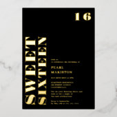 はっきりしたシンプル金ゴールドブラック甘い16誕生日 箔招待状 (正面)