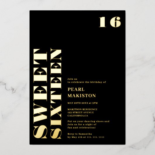 はっきりしたシンプル金ゴールドブラック甘い16誕生日 箔招待状 (正面)