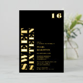 はっきりしたシンプル金ゴールドブラック甘い16誕生日 箔招待状 (立ち正面)