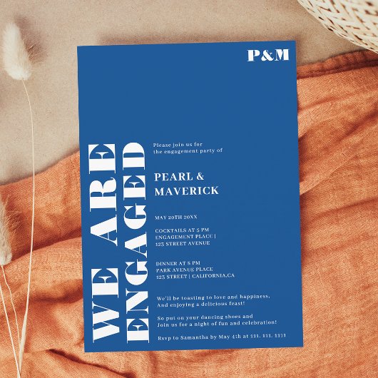 はっきりしたシンプル青結婚婚約パーティ 招待状