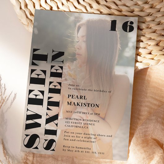 はっきりしたシンプル黒写真甘い16誕生日 招待状