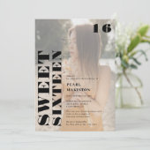 はっきりしたシンプル黒写真甘い16誕生日 招待状 (スタンド正面)