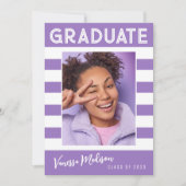 はっきりしたストライプシンプルレトロ大学院写真バイオレット 案内状 (正面)