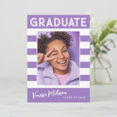 はっきりしたストライプシンプルレトロ大学院写真バイオレット 案内状 (スタンド正面)