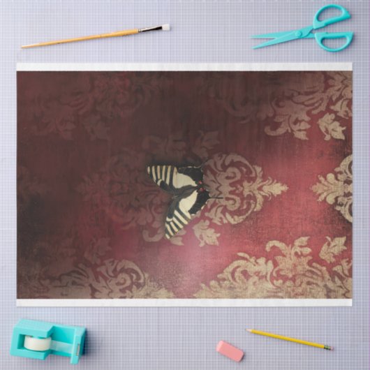 はっきりしたストライプバタフライオンマルーンダマスクウォール 薄葉紙 (クラフト)