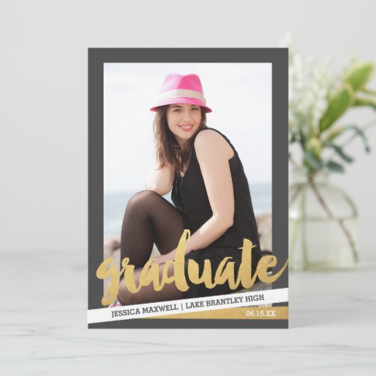 はっきりしたストライプ写真卒業発表 案内状 (スタンド正面)