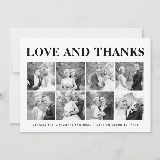 はっきりしたタイポグラフィありがとう8枚の写真コラージュ サンキューカード (正面)