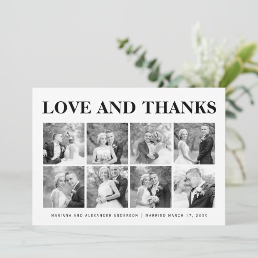 はっきりしたタイポグラフィありがとう8枚の写真コラージュ サンキューカード (スタンド正面)