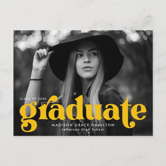 はっきりしたタイポグラフィイエローフォト卒業党 インビテーションポストカード (正面)