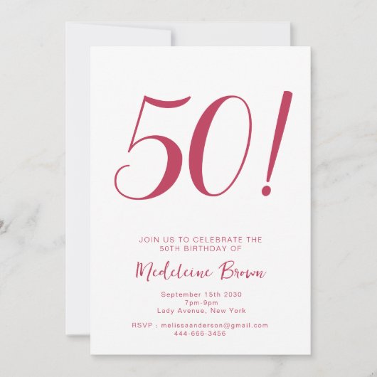 はっきりしたタイポグラフィビバマゼンダトレンディー50誕生日 招待状 (正面)
