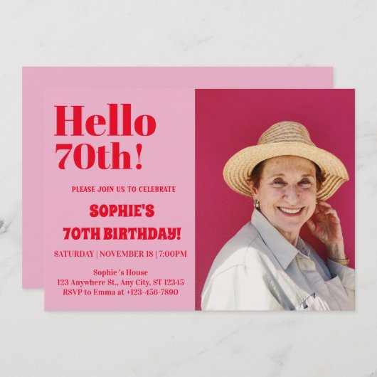 はっきりしたタイポグラフィピモダンンク70誕生日 招待状 (正面/裏面)