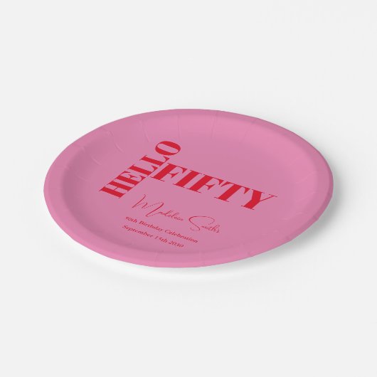 はっきりしたタイポグラフィピンクモダンレッド50誕生日 ペーパープレート (アングル)