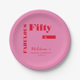 はっきりしたタイポグラフィピンクモダンレッド50誕生日 ペーパープレート