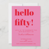 はっきりしたタイポグラフィピンクモダンレッド50誕生日 招待状 (正面)